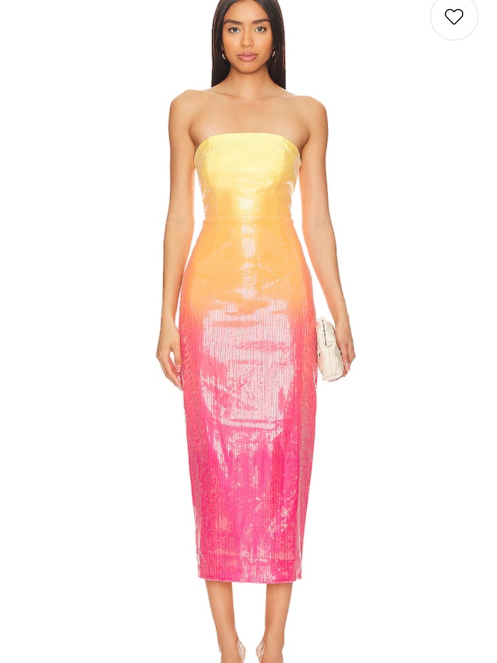 Strapless Sequin Ombre Midi Dress in Yellow, Orange & Pink